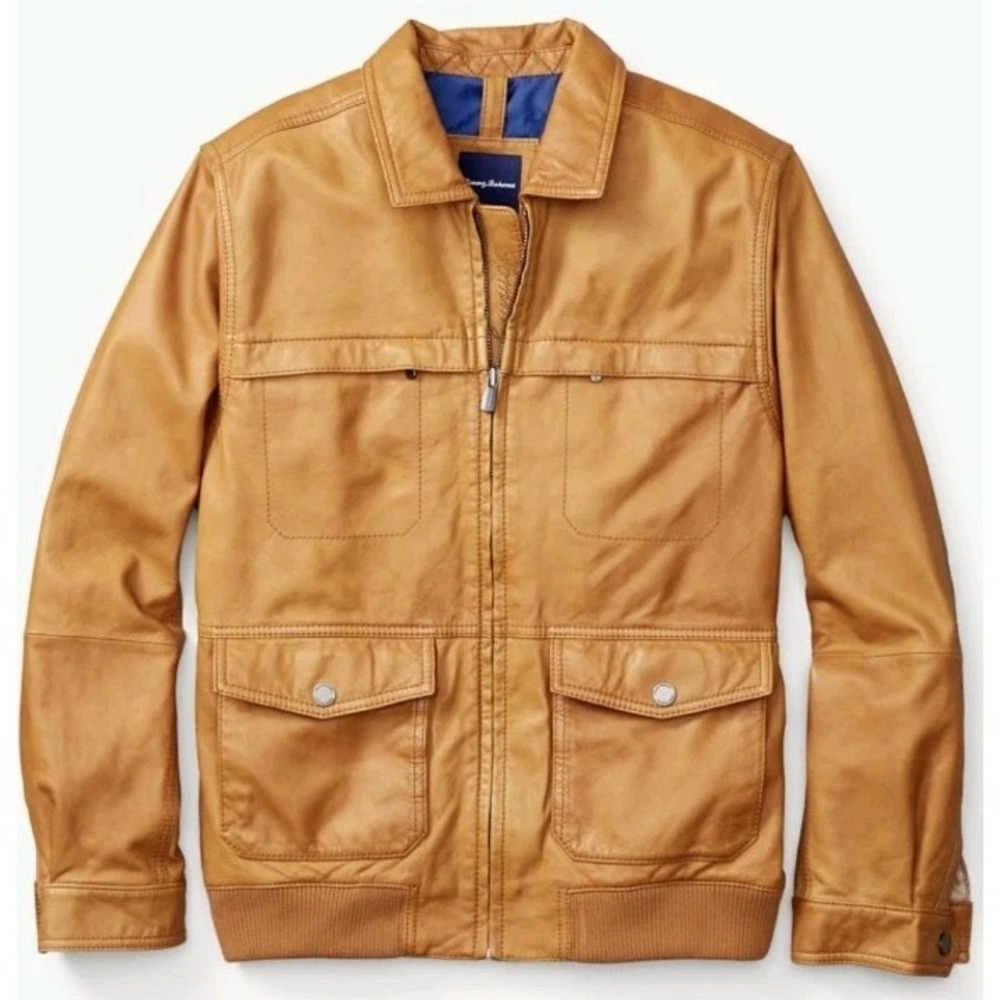 Tommy Bahama Santiago‎ Aviator Jacket Pilot Lamb Leather Bomber Coat Mens L EUC